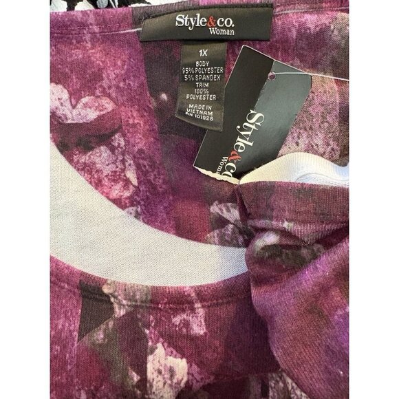 Style & Co +1X Purple Floral Scoop Neck Contrast Hemline 3/4 Ruched Sleeve Top - Picture 6 of 6